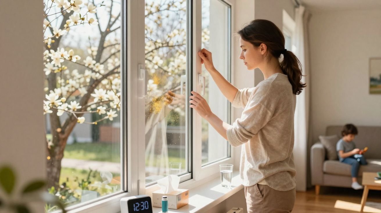 Mulher a abrir janela junto a vaso de flor, com criança sentada no sofá ao fundo numa sala luminosa.