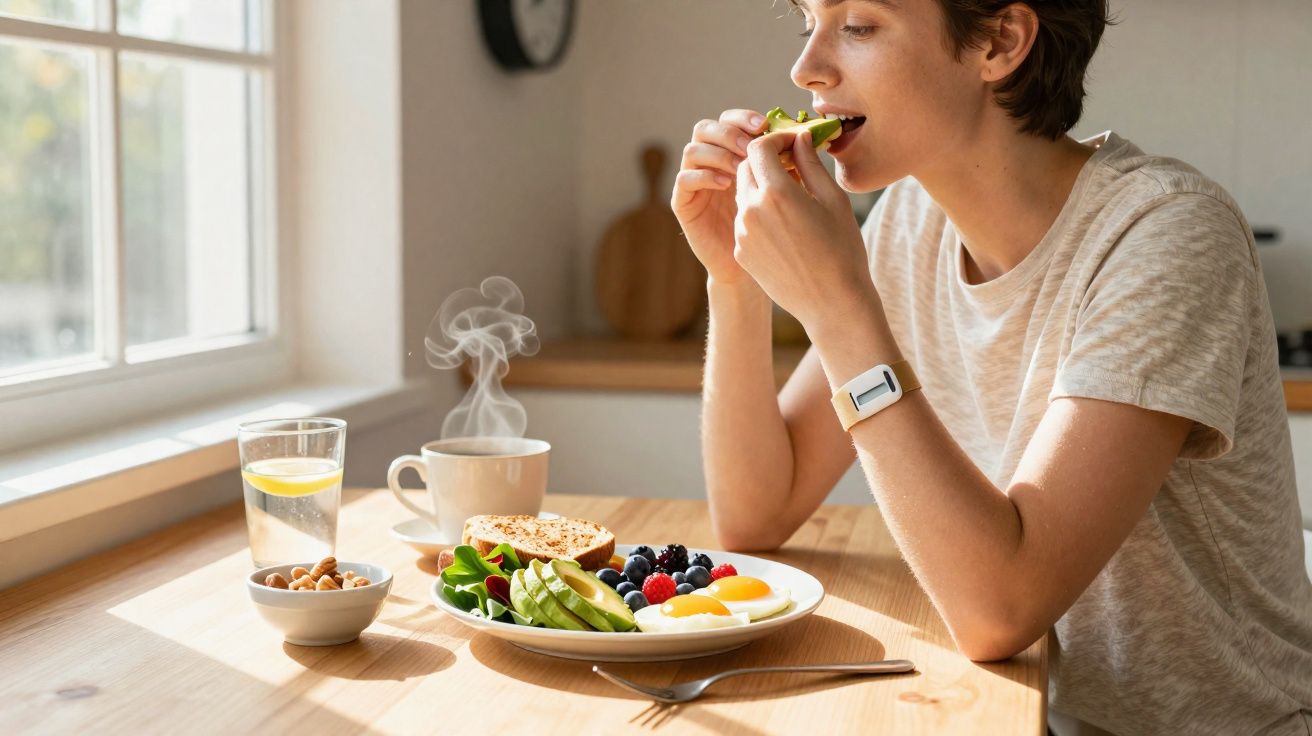 Pessoa a comer uma fatia de abacate sentada à mesa com pequeno-almoço saudável e bebida quente.