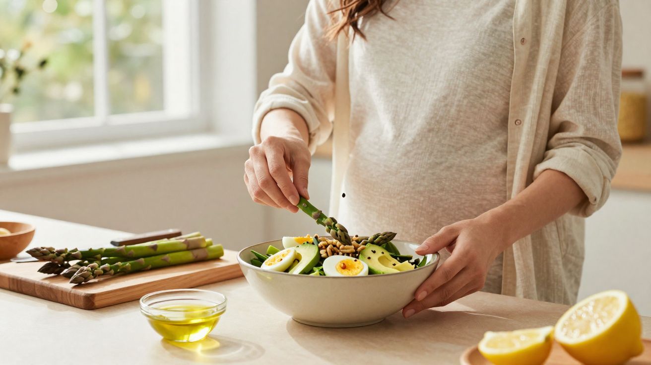 Mulher grávida prepara uma salada saudável com espargos, ovo e abacate numa cozinha luminosa.