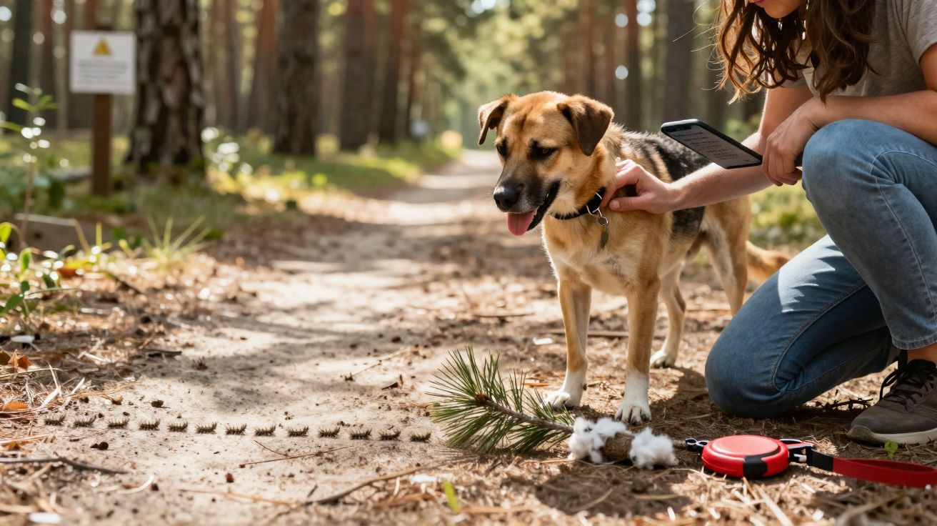 Pessoa a segurar coleira de cachorro e a usar um leitor de microchip num cão numa floresta.