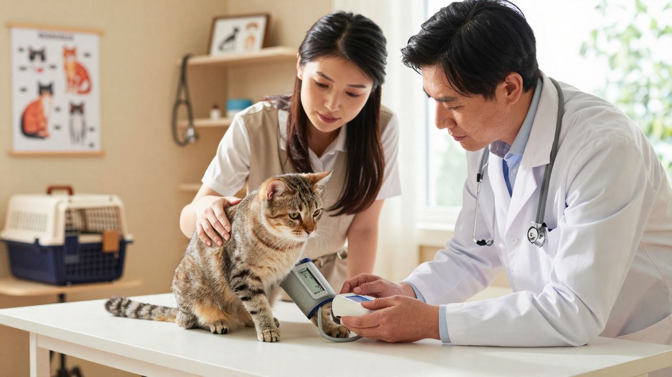 Veterinário a medir a pressão arterial de um gato enquanto a dona o conforta numa clínica veterinária.