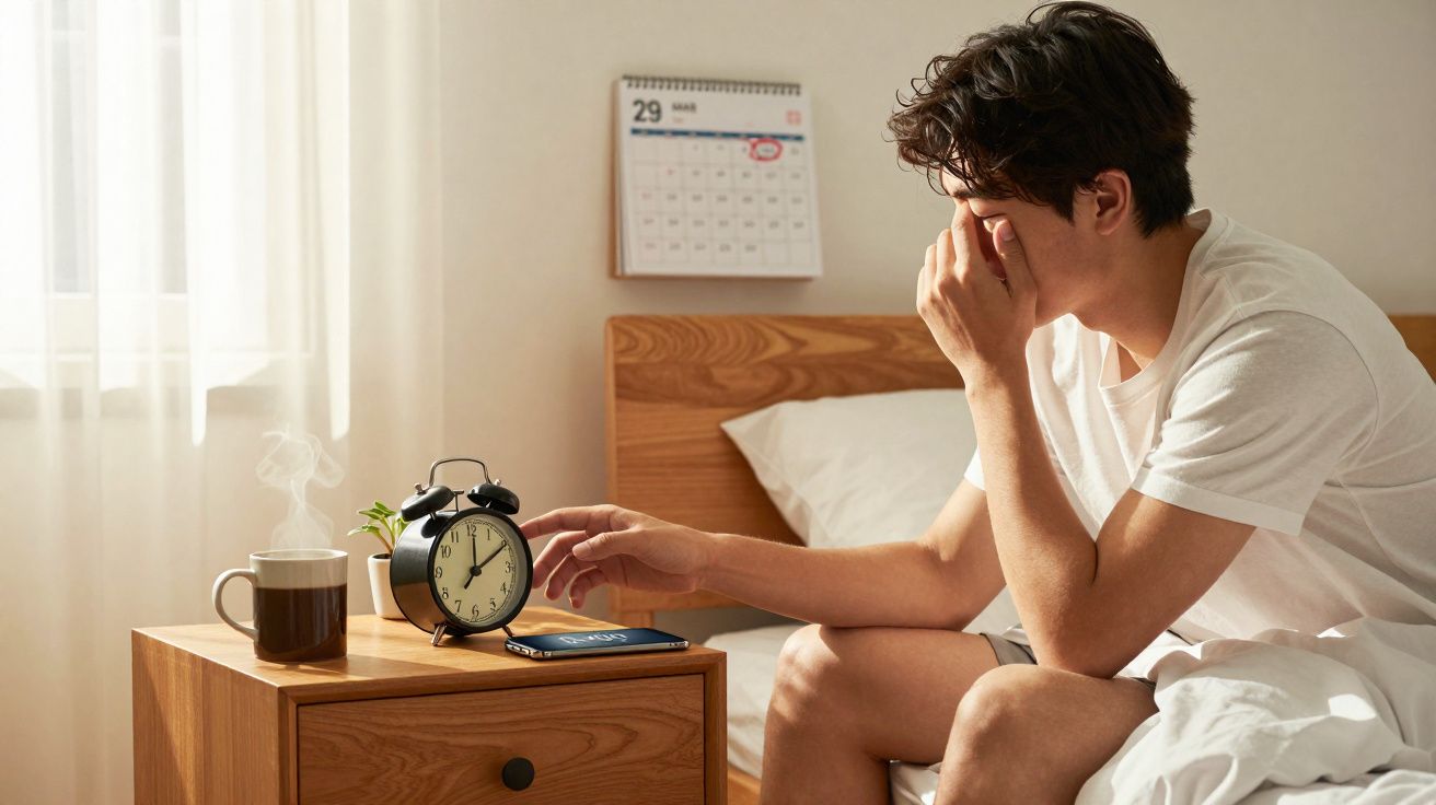 Homem cansado senta-se na cama a desligar o despertador numa mesa-de-cabeceira com café e telemóvel.