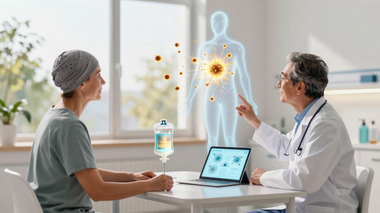 Médico explica tratamento a doente oncológica com ilustração digital de células cancerígenas e terapias.