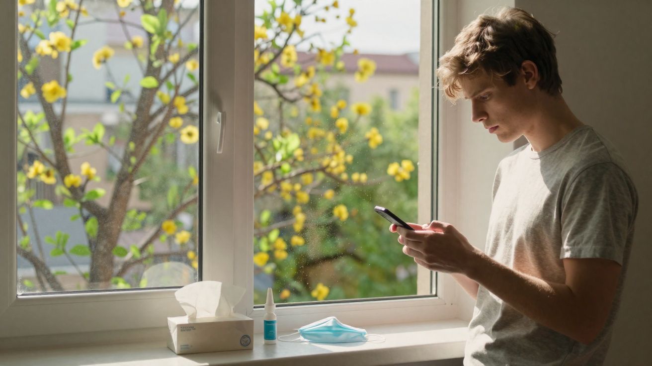 Jovem a olhar para telemóvel junto a janela com árvore florida, máscara, lenços e soro na mesa.
