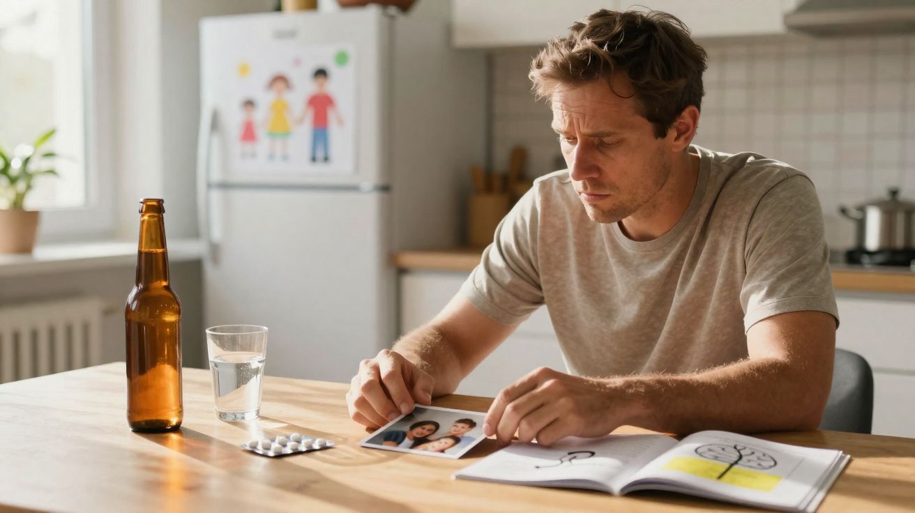 Homem sentado à mesa a olhar pensativo para fotografia de família, com comprimidos e bebida ao lado.