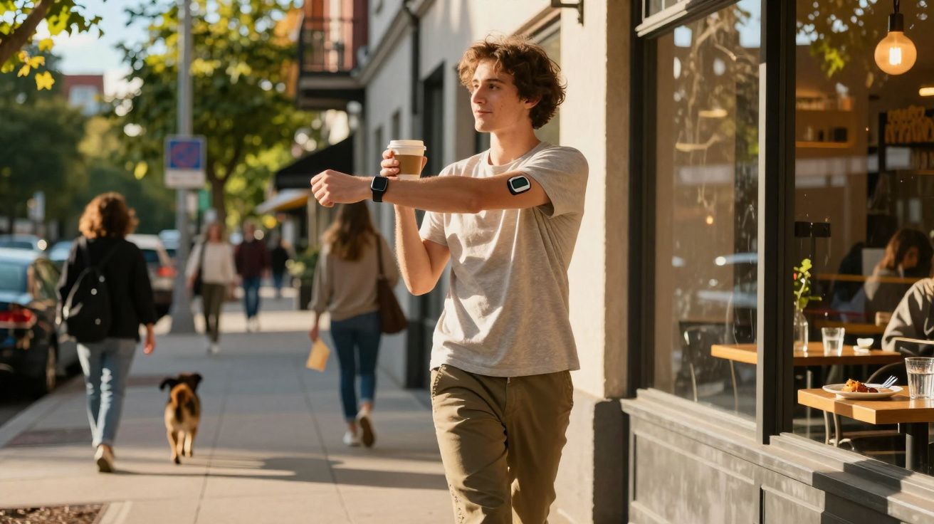 Homem jovem com mala térmica para café e dispositivos tecnológicos caminha numa calçada urbana ensolarada.