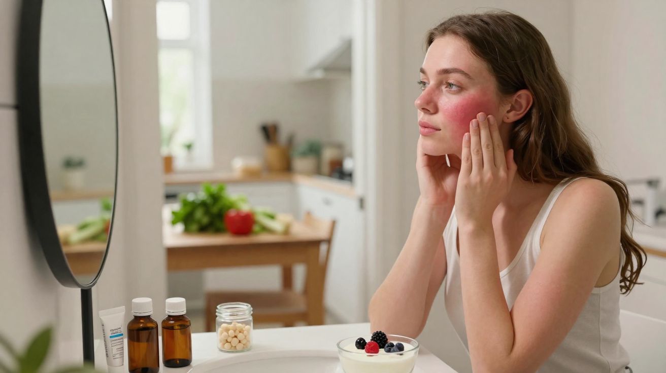 Mulher com rosto vermelho de irritação a olhar para espelho num banheiro com produtos cosméticos na mesa.