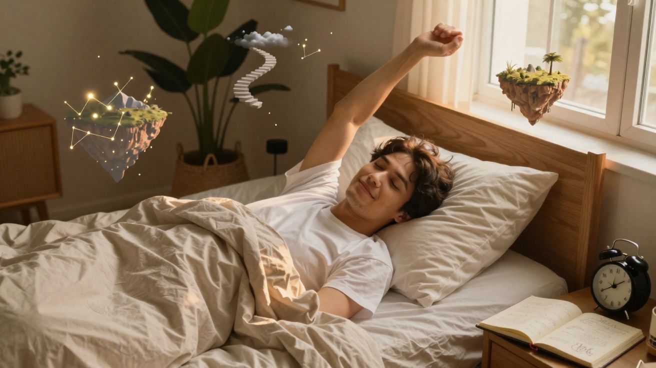 Jovem acorda a espreguiçar-se na cama com ilustrações flutuantes de ilhas e escadas no quarto iluminado.