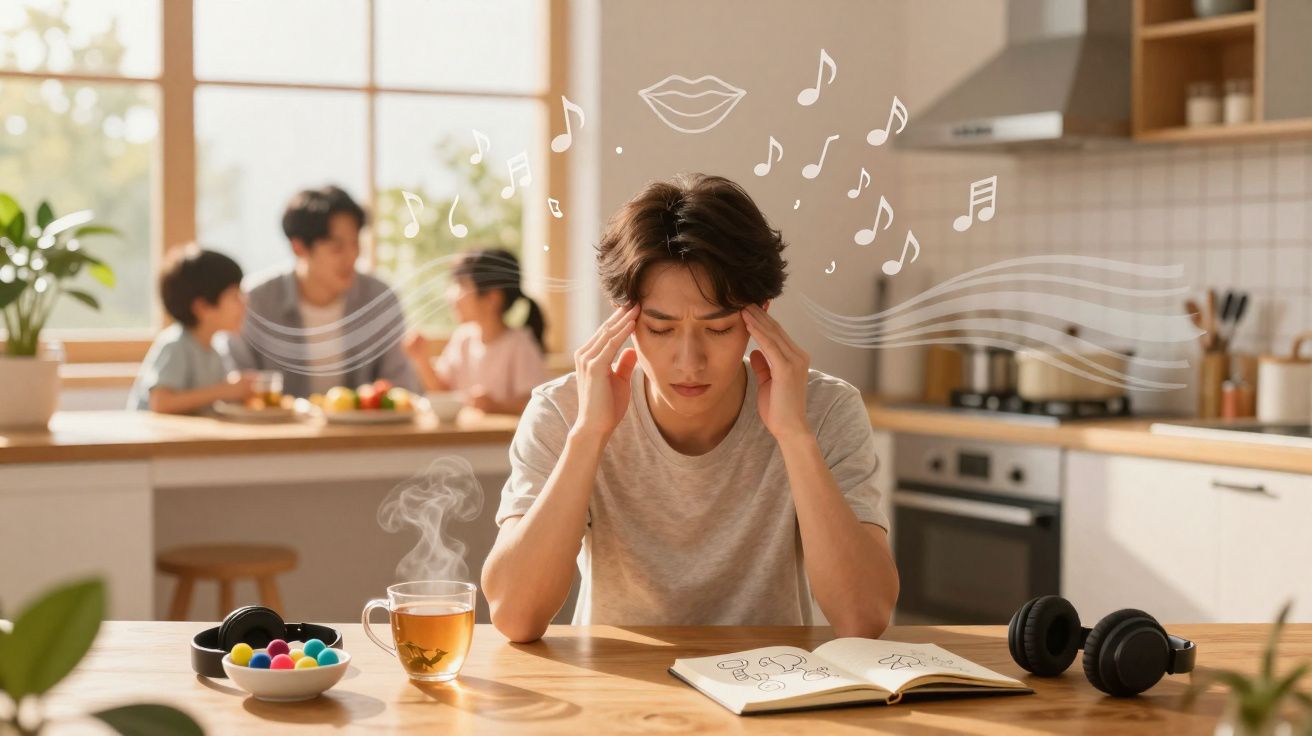 Homem jovem com dor de cabeça, sentado à mesa da cozinha, enquanto família conversa ao fundo.