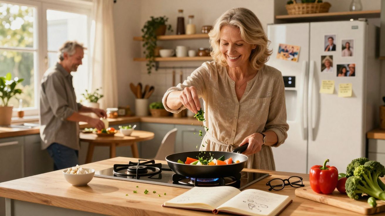 Mulher cozinha legumes numa frigideira enquanto homem prepara alimentos numa bancada de cozinha luminosa.