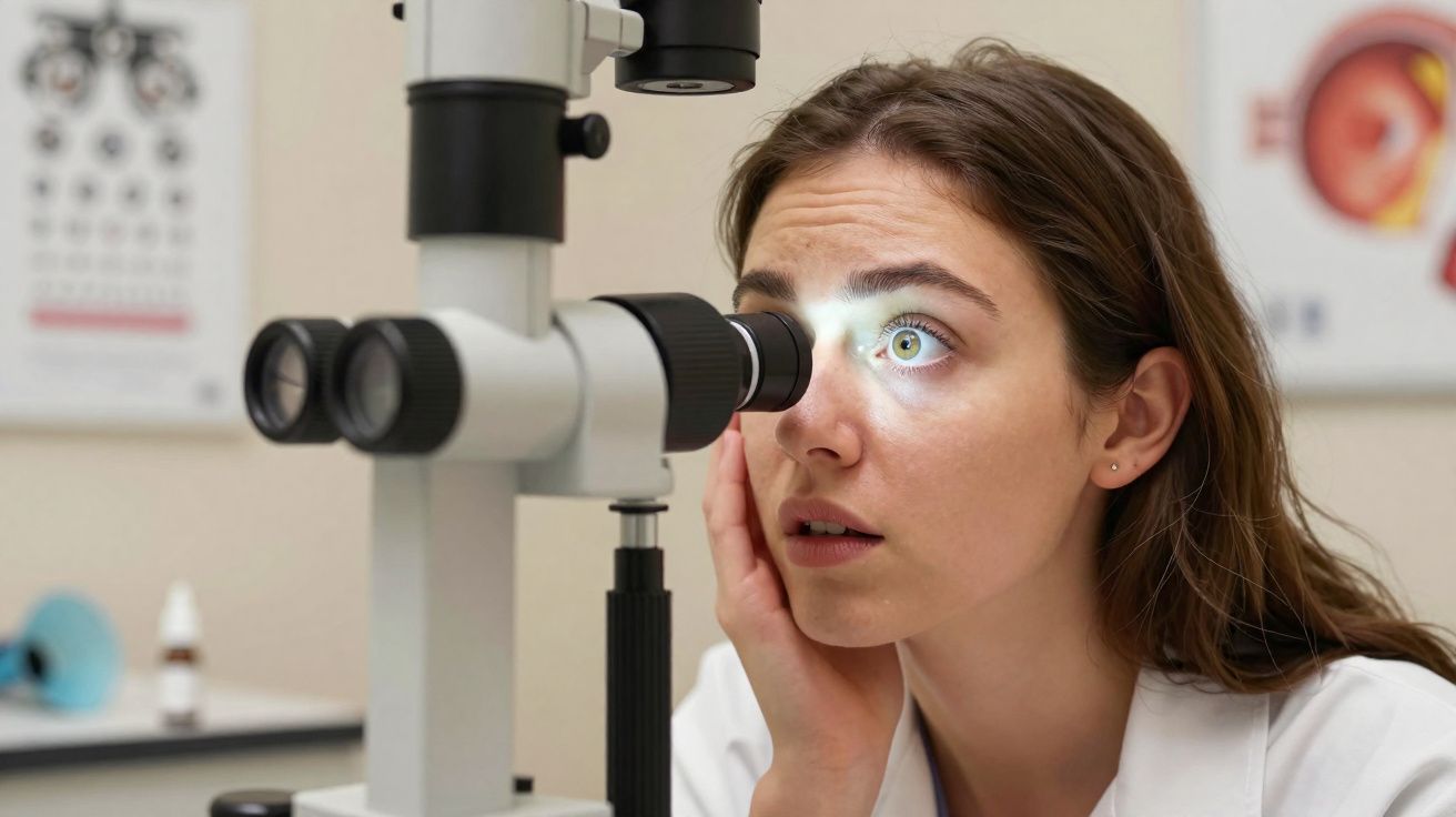 Mulher a fazer exame oftalmológico com equipamento especializado numa clínica de olhos.