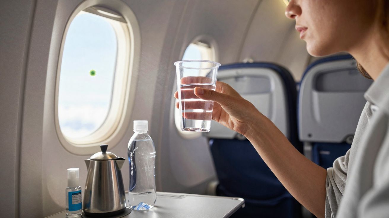 Mulher dentro de avião segurando copo com água, com garrafa, álcool gel e chaleira na mesa dobrável.