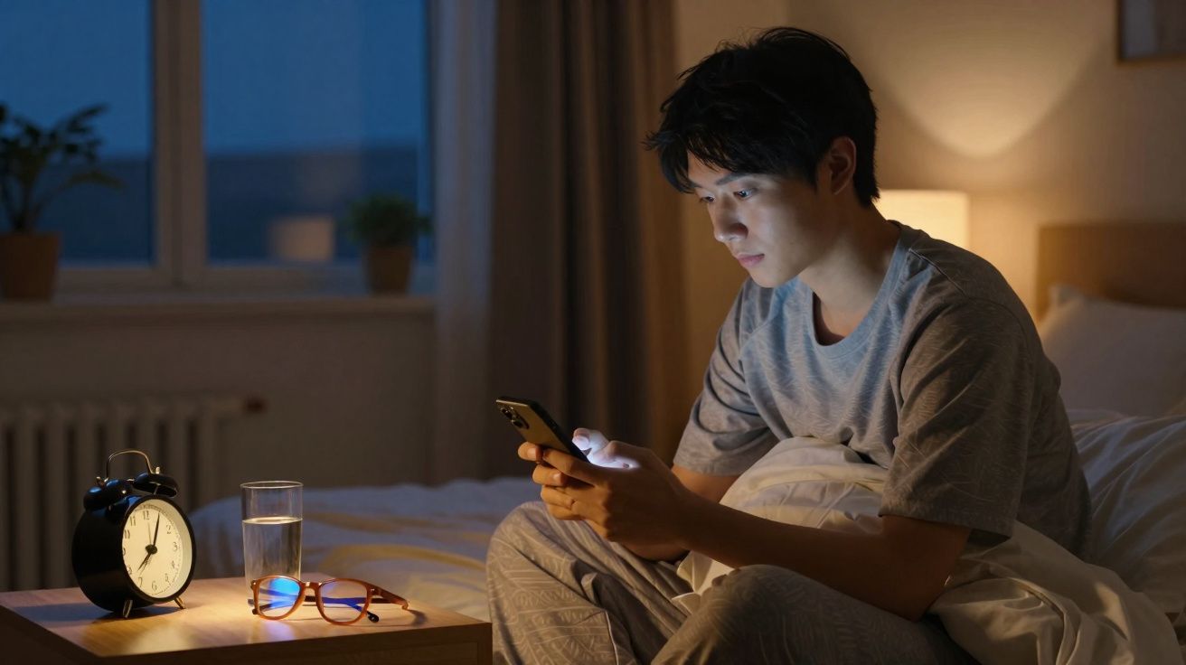 Homem sentado na cama à noite olhando para o telemóvel com despertador, óculos e copo de água na mesa ao lado.