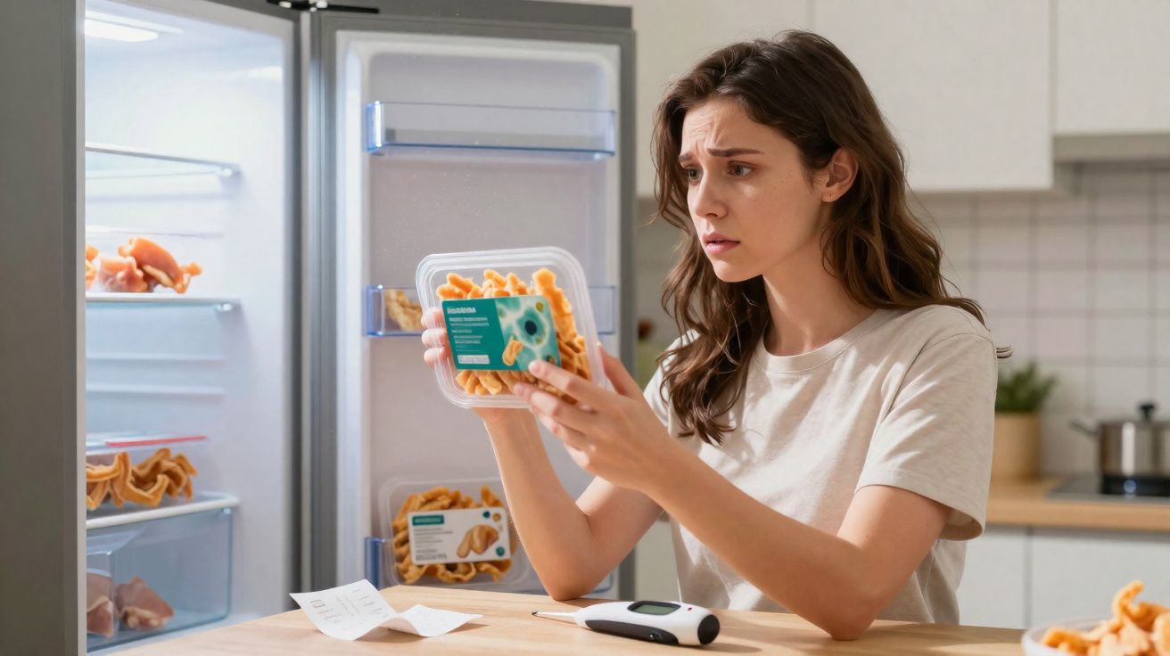 Mulher preocupada lê rótulo de alimento embalado à frente do frigorífico aberto numa cozinha moderna.
