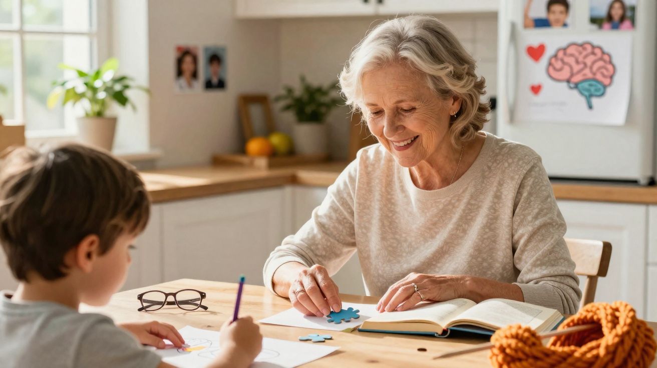 Senhora idosa e criança sentados à mesa a montar um puzzle e desenhar numa cozinha iluminada.