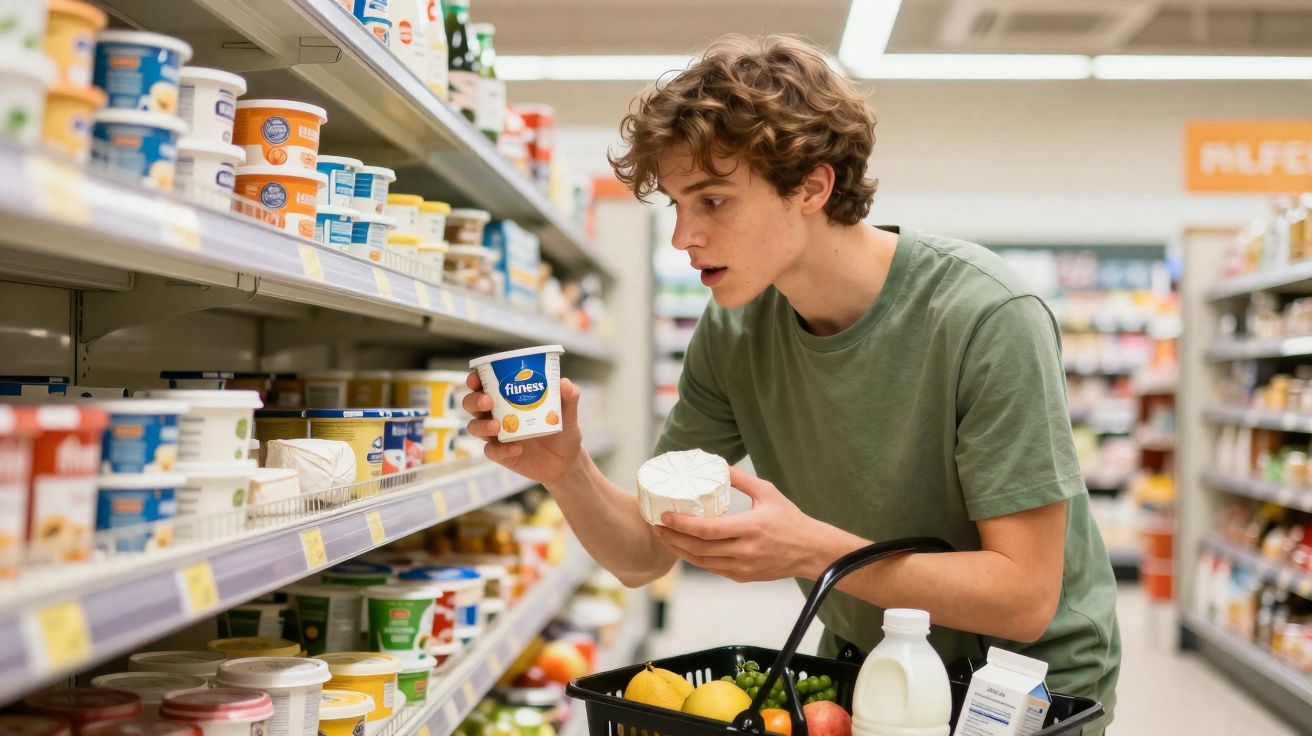 Jovem com t-shirt verde escolhe iogurte numa prateleira de supermercado, com cesto cheio de compras na mão.