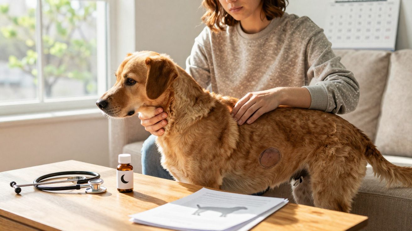 Mulher a examinar cão com ferida circular no pelo, num ambiente doméstico com medicamentos e estetoscópio.