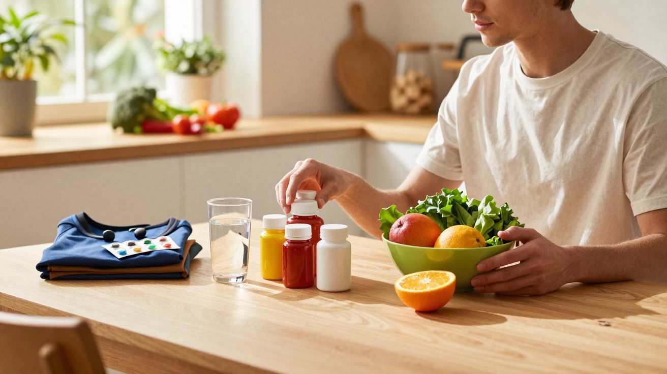 Homem sentado à mesa com frascos de suplementos, copo de água, t-shirt dobrada e taça com frutas e verduras.