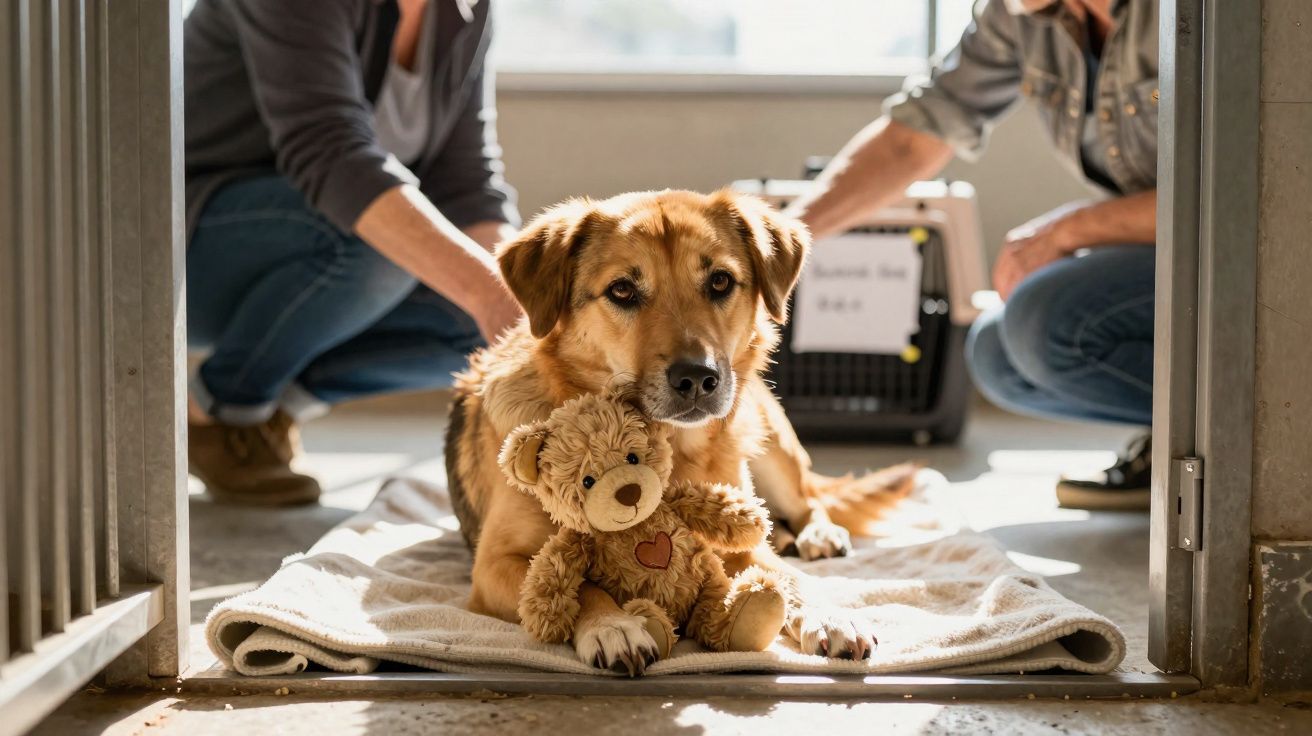 Cão castanho deitado numa manta com um ursinho de peluche, rodeado por duas pessoas que se agacham ao seu lado.
