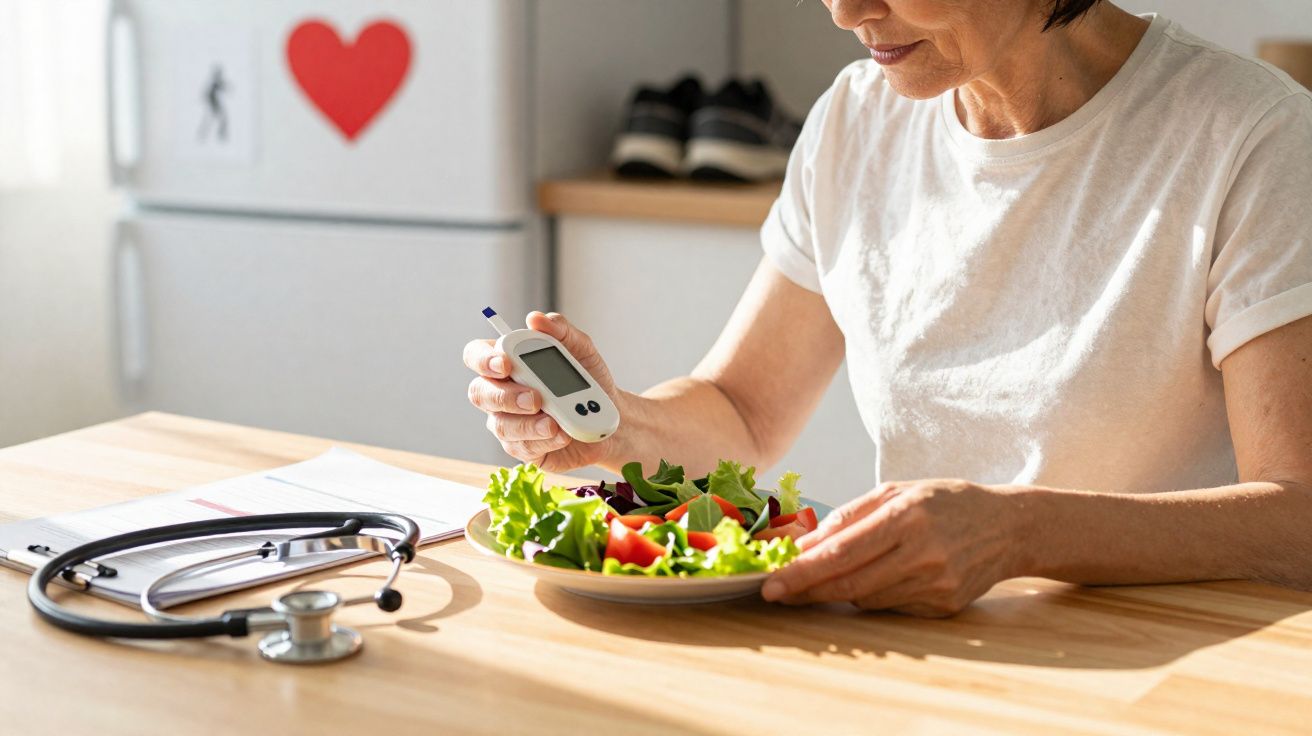 Pessoa a medir níveis de glicose enquanto se prepara para comer uma salada num ambiente doméstico.