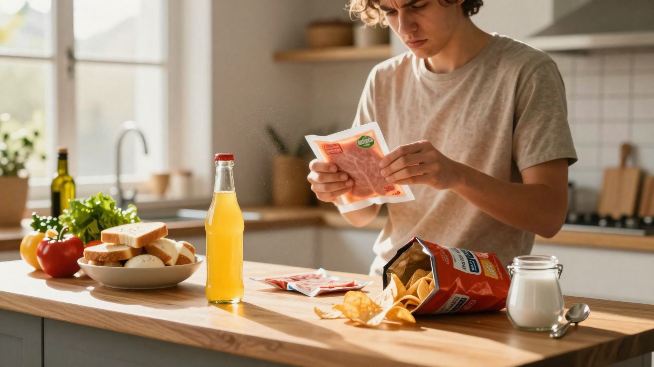 Jovem lê rótulo de fiambre sentado à bancada de cozinha com pão, tomate, batatas fritas e bebida.
