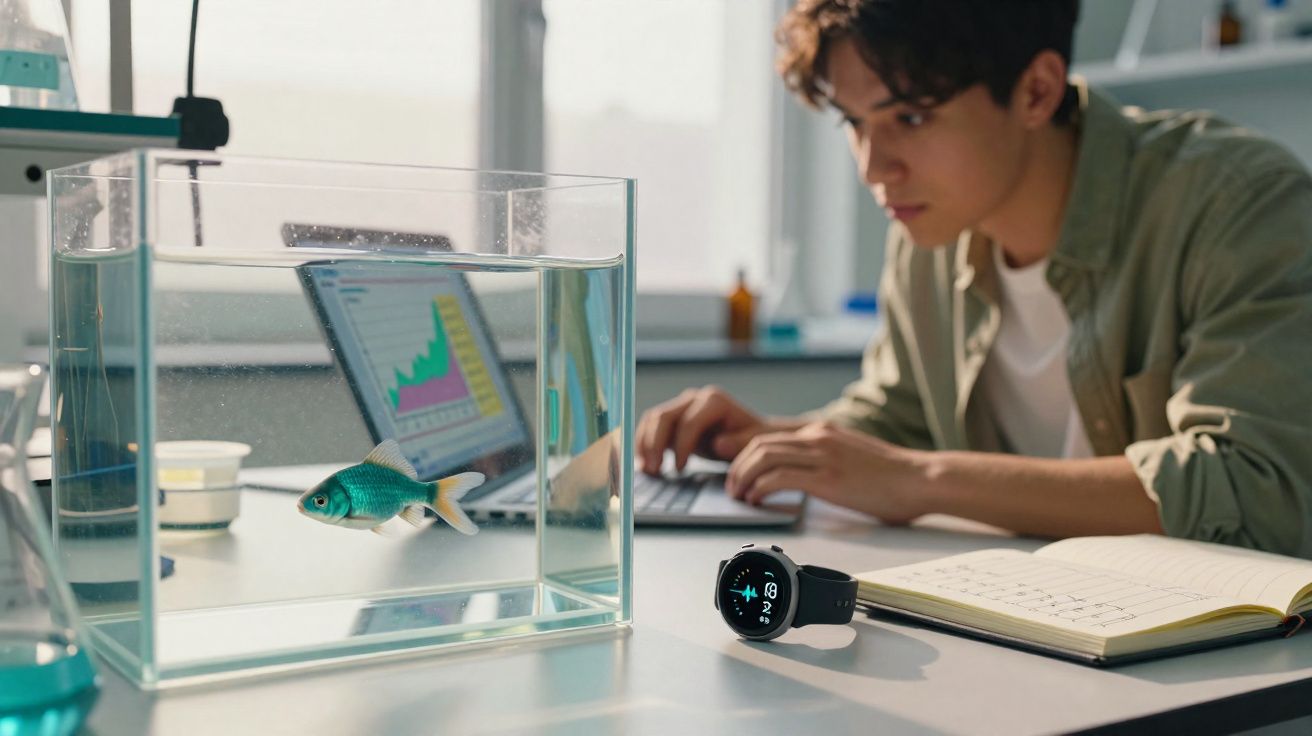 Peixe num aquário transparente numa secretária com computador, relógio inteligente e jovem a trabalhar.