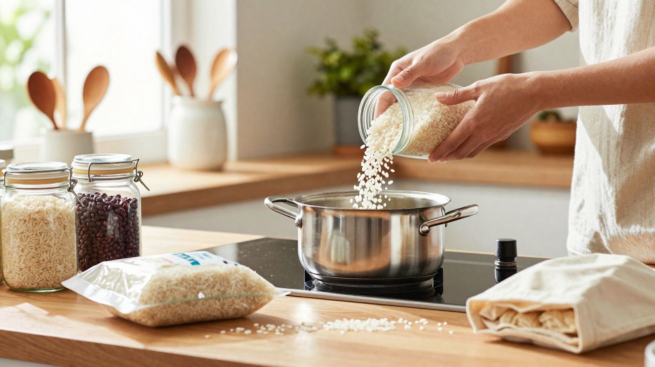 Pessoa a deitar arroz numa panela numa cozinha moderna com frascos, pauzinhos de madeira e utensílios ao fundo.
