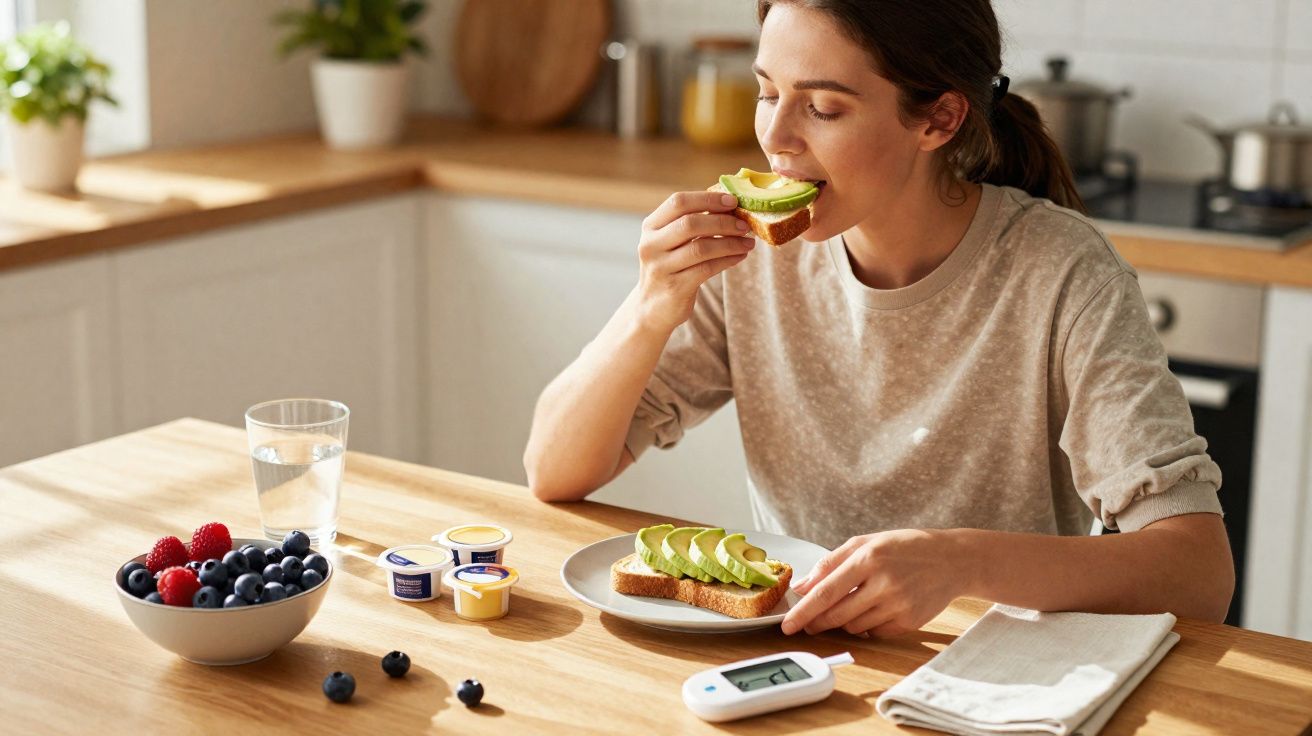 Mulher a comer torrada com abacate numa cozinha, com tigela de frutos e monitor de glicemia na mesa.