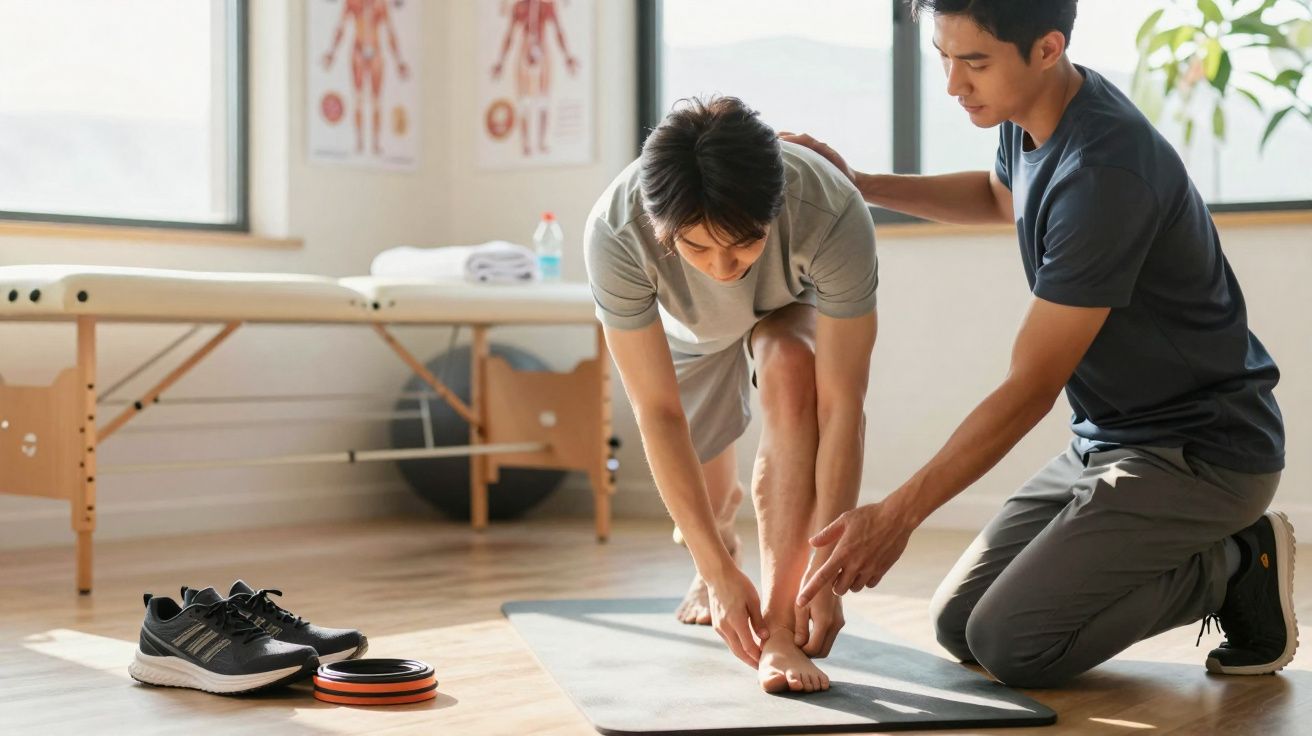 Fisioterapeuta ajuda homem a alongar o tornozelo em consulta numa sala de tratamento iluminada.