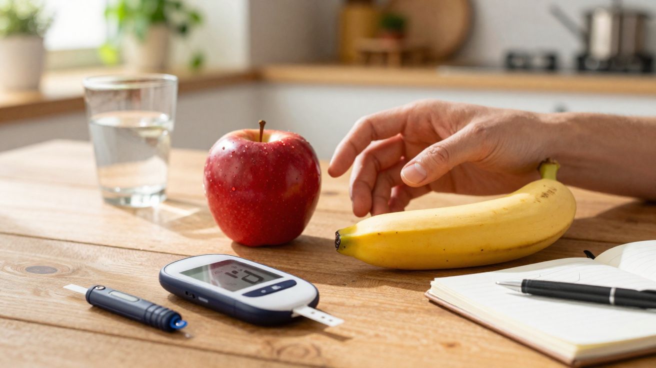 Mesa com maçã, banana, monitor de glicose, caneta, caderno e mão prestes a pegar a banana.