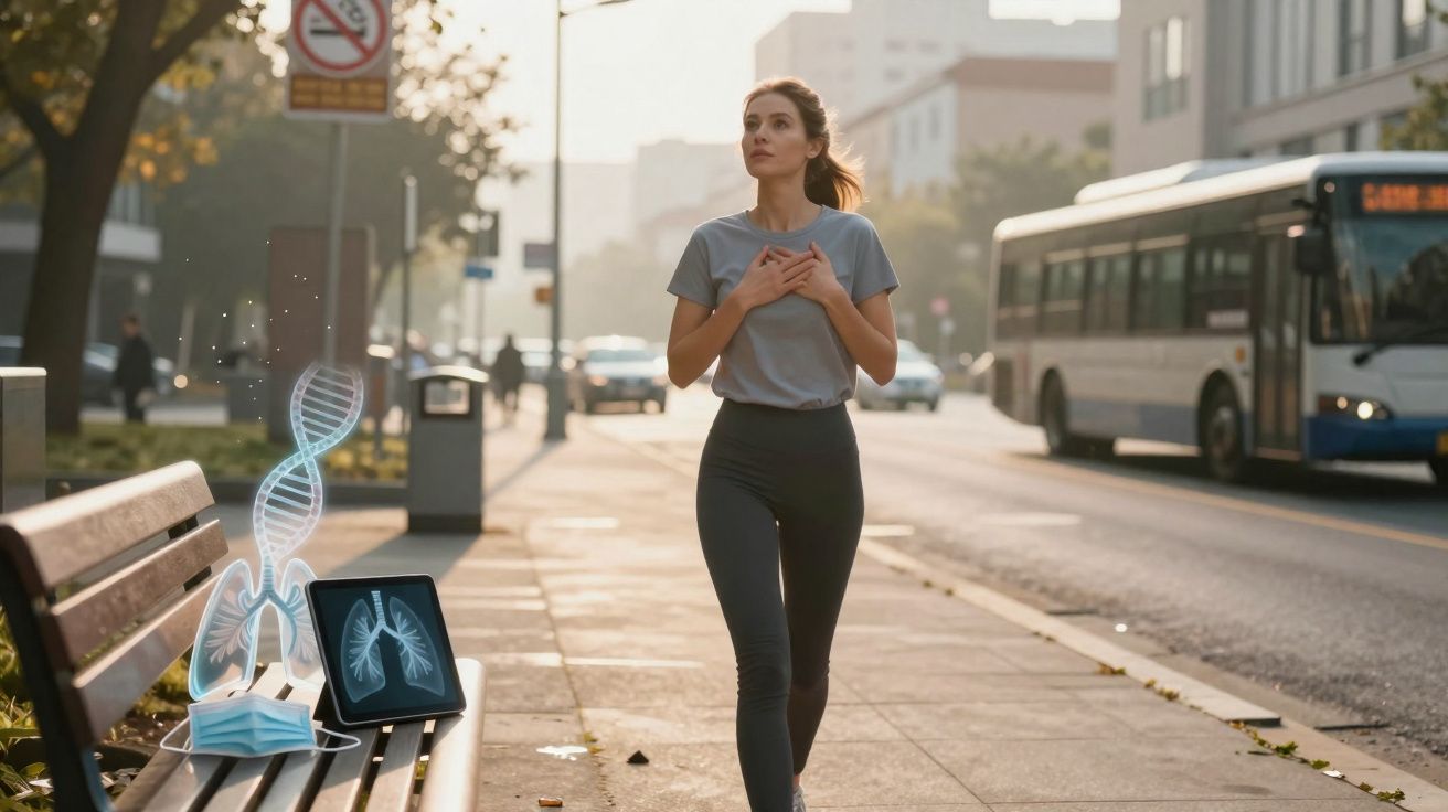 Mulher com falta de ar a caminhar na rua, com imagens holográficas de pulmões e ADN ao lado.
