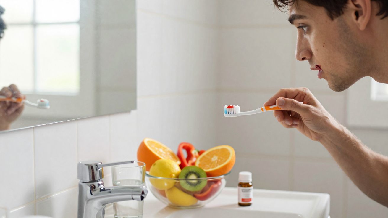 Homem a escovar os dentes numa casa de banho com uma tigela de frutas sobre a pia.