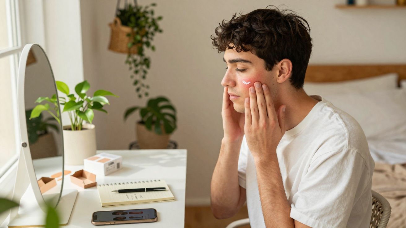 Jovem aplica creme no rosto sentado à secretária perto de espelho numa divisão com plantas.
