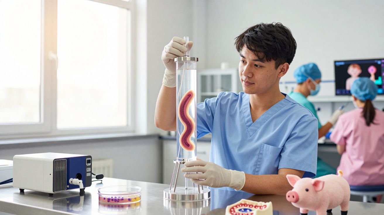 Jovem cientista em laboratório a observar modelo anatómico de intestino dentro de recipiente cilíndrico.