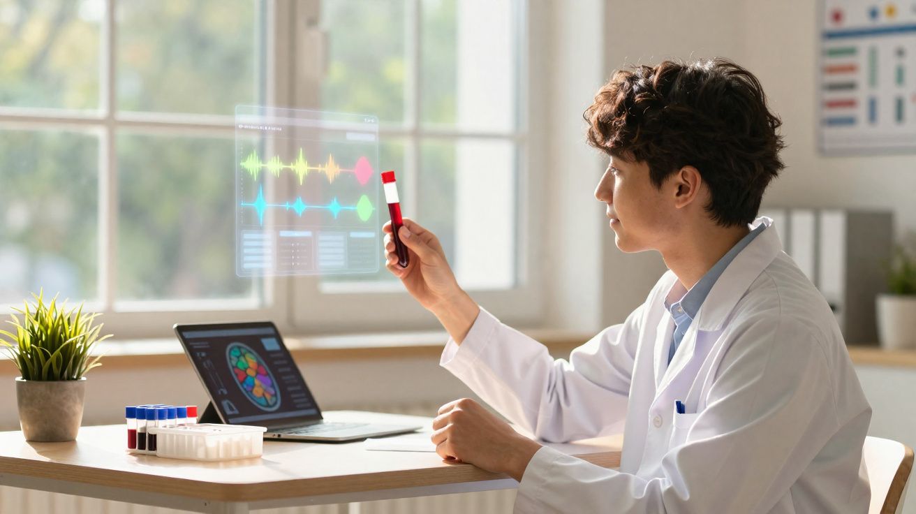 Cientista em bata branca analisa tubo de ensaio com dados holográficos num laboratório luminoso.