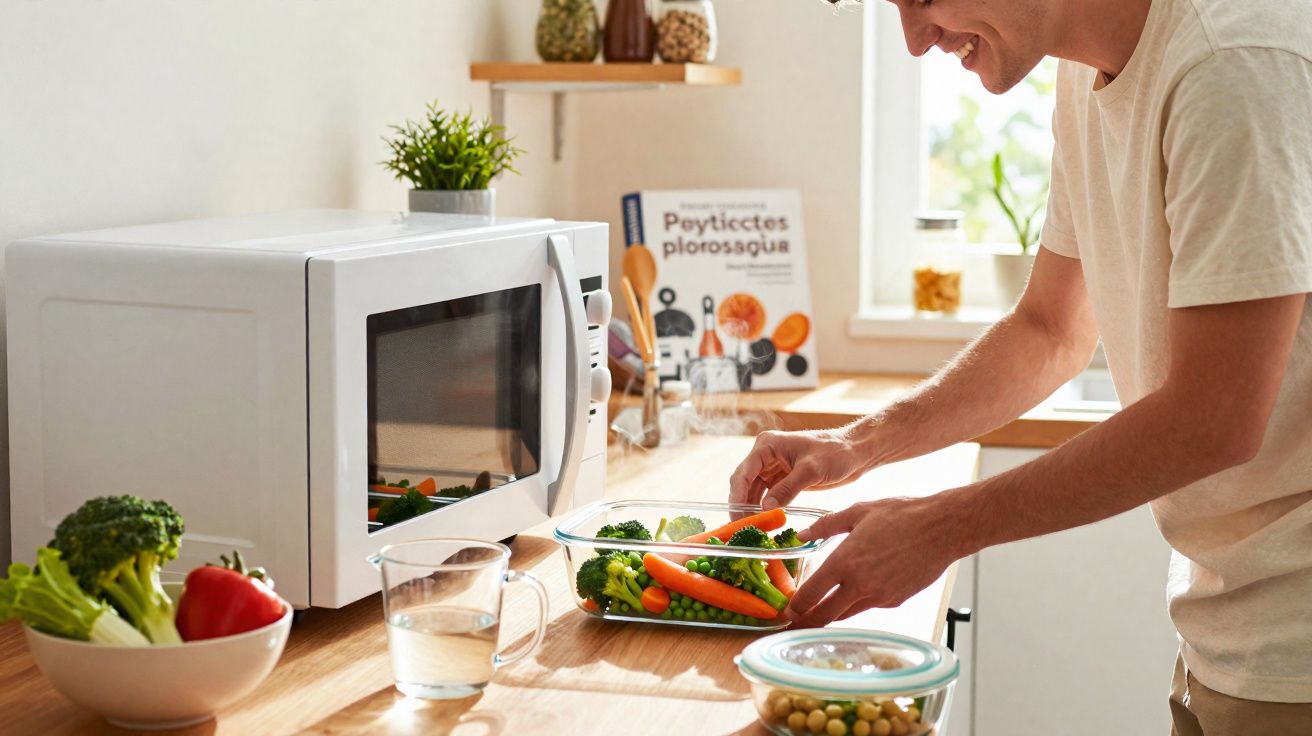 Homem a preparar legumes frescos numa tigela transparente numa cozinha luminosa junto ao micro-ondas.