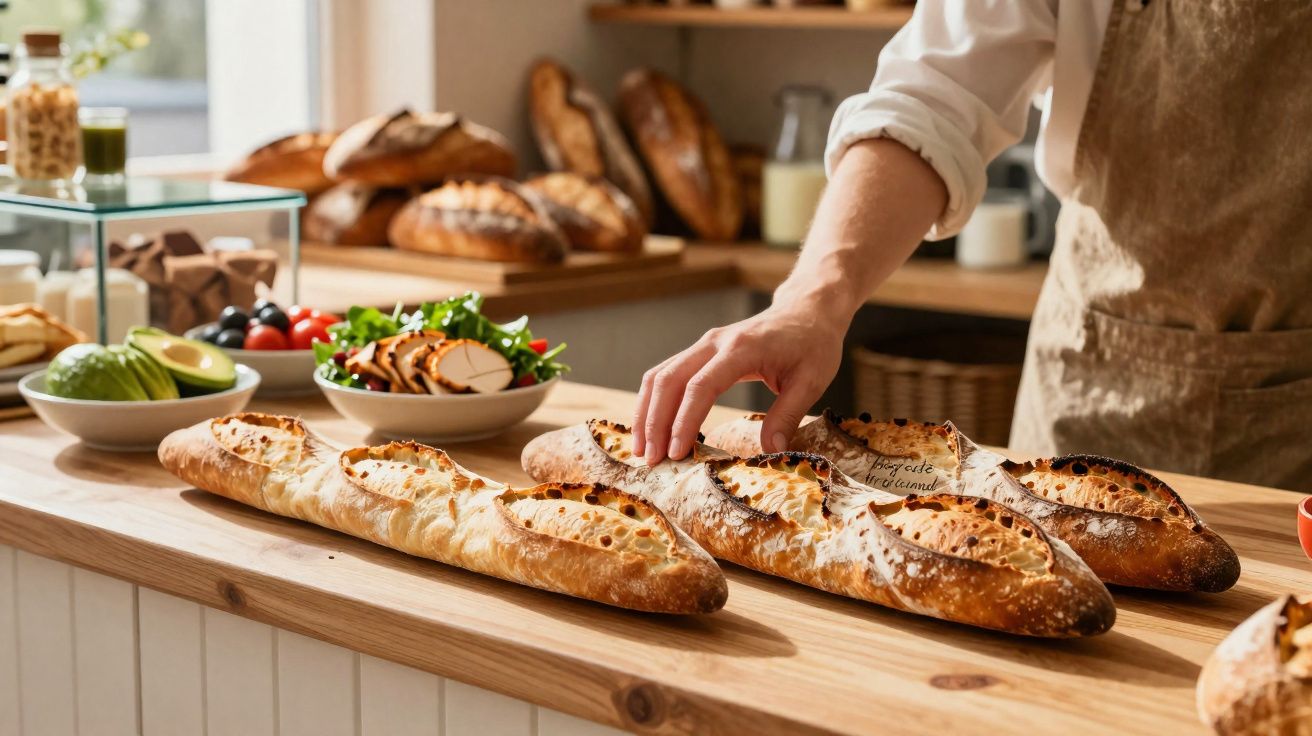 Pessoa a apanhar pão fresco numa bancada de madeira numa padaria com vários pães e saladas.