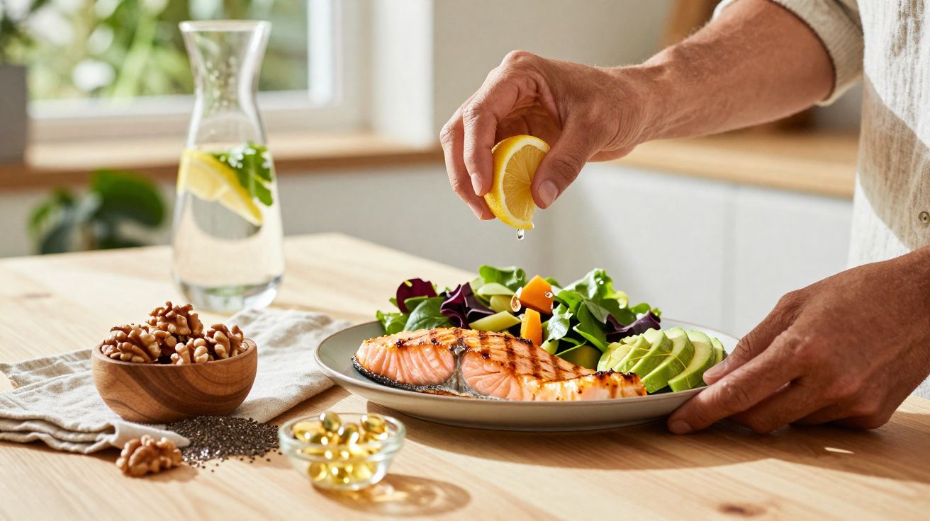 Mão espreme limão sobre salmão grelhado com salada e abacate numa mesa com nozes e cápsulas de óleo.