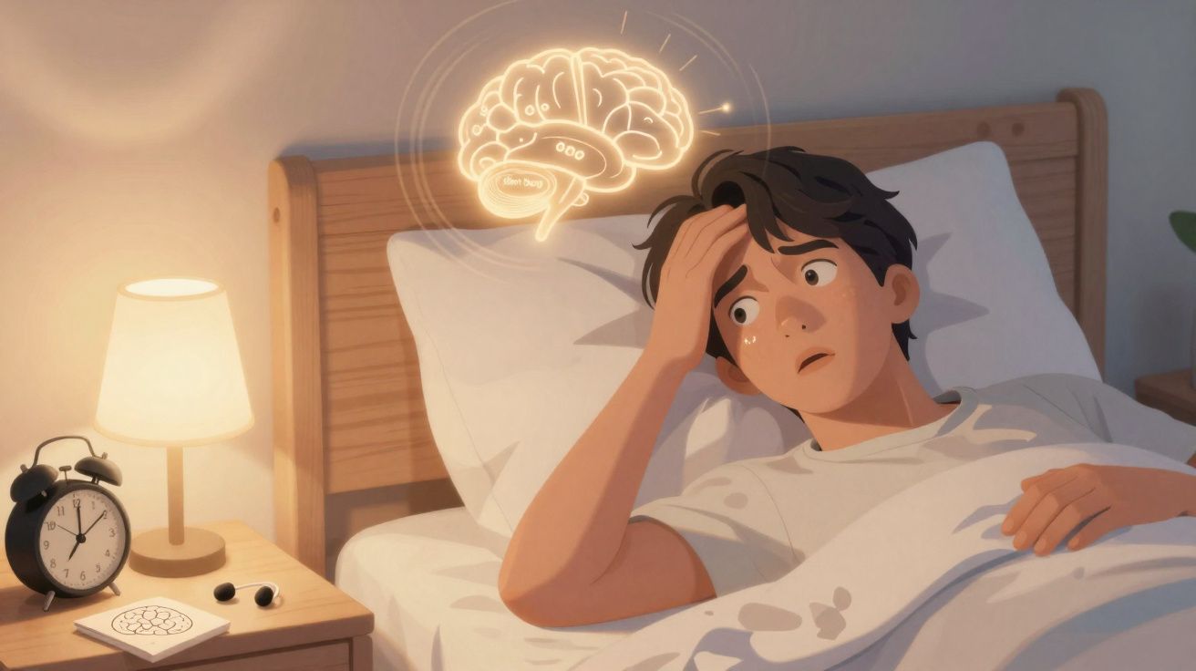 Pessoa preocupada deitada na cama, com cérebro iluminado e relógio despertador na mesa de cabeceira.