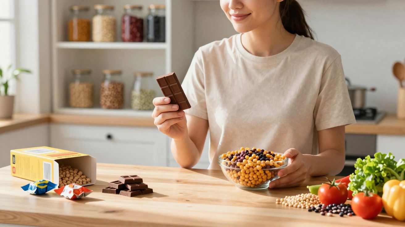 Mulher sorridente segura chocolate e tigela com legumes na cozinha clara e arrumada.