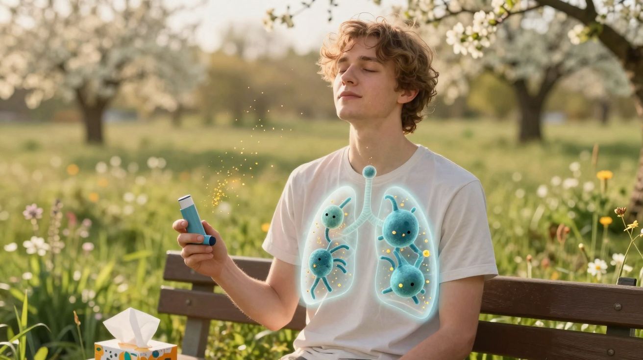 Jovem com inalador sentado num banco no parque, com gráficos digitais de pulmões e alergénios visíveis.