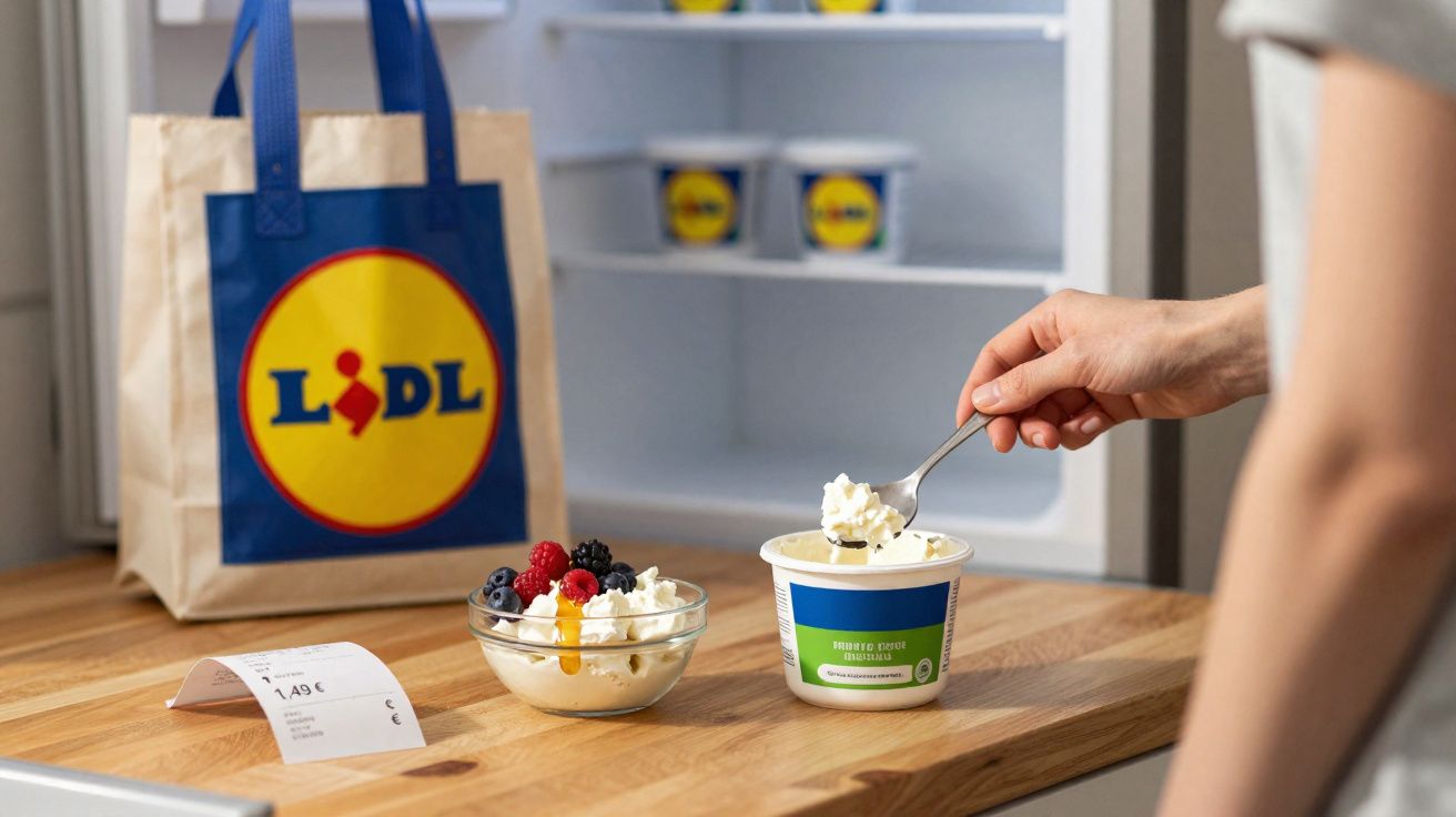 Pessoa a colocar natas num recipiente de iogurte numa cozinha com saco e produto Lidl ao fundo.