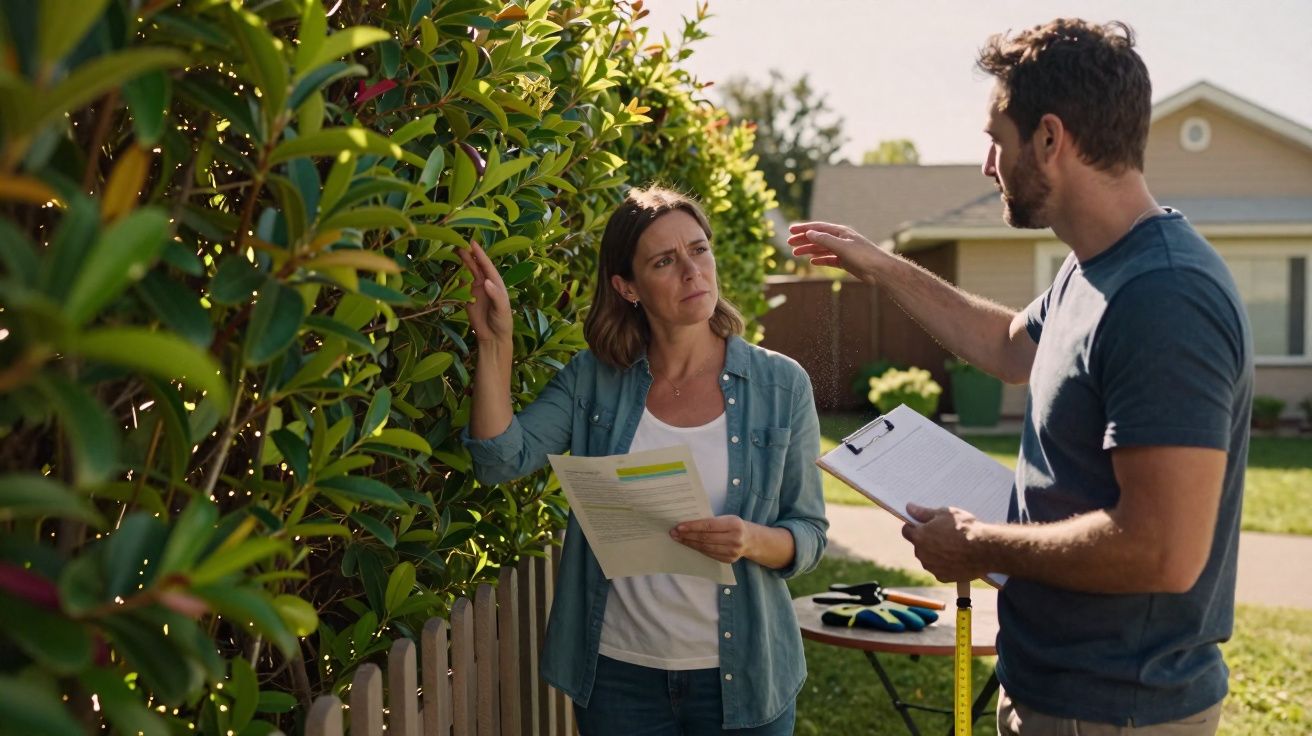 Mulher e homem falam no jardim junto a cerca, segurando papéis, rodeados por vegetação e uma casa ao fundo.