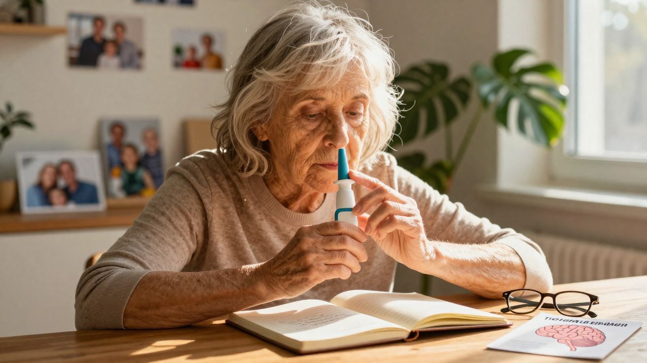 Idosa usa spray nasal enquanto está sentada à mesa com um livro aberto e óculos ao lado.