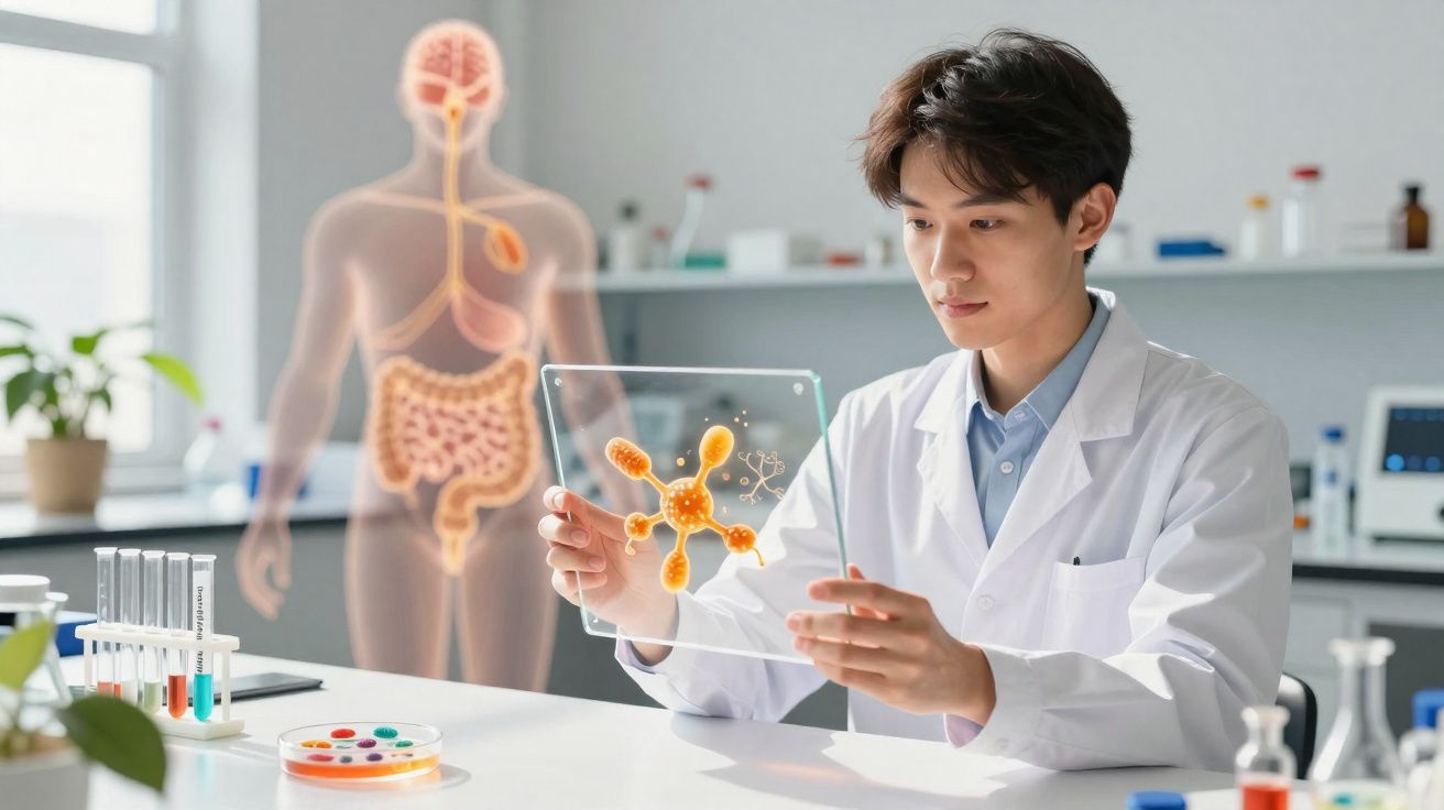Cientista com bata branca analisa modelo digital de molécula num laboratório moderno, com figura humana e órgãos em fundo.