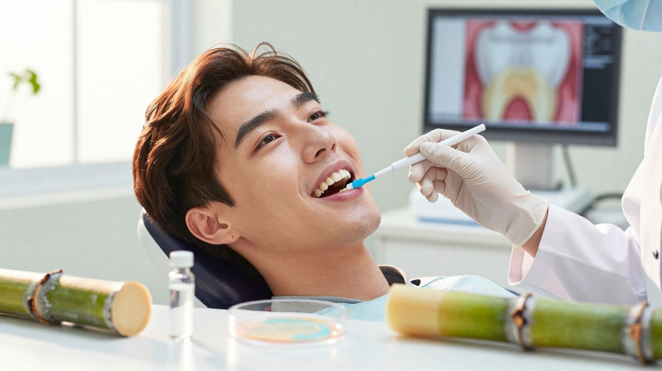 Paciente sorridente a receber tratamento dentário com profissional de saúde usando luvas brancas.