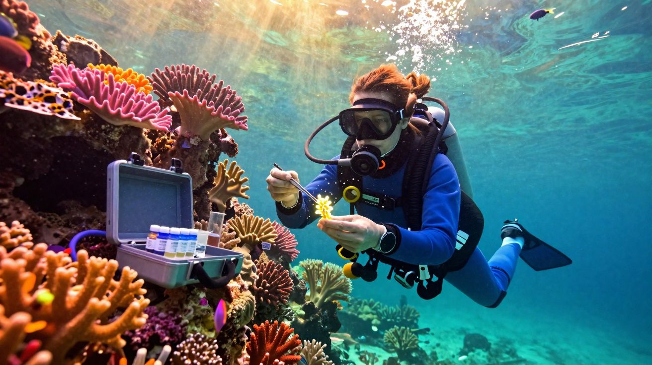Mergulhador a recolher amostras de coral colorido num recife subaquático iluminado pela luz solar.