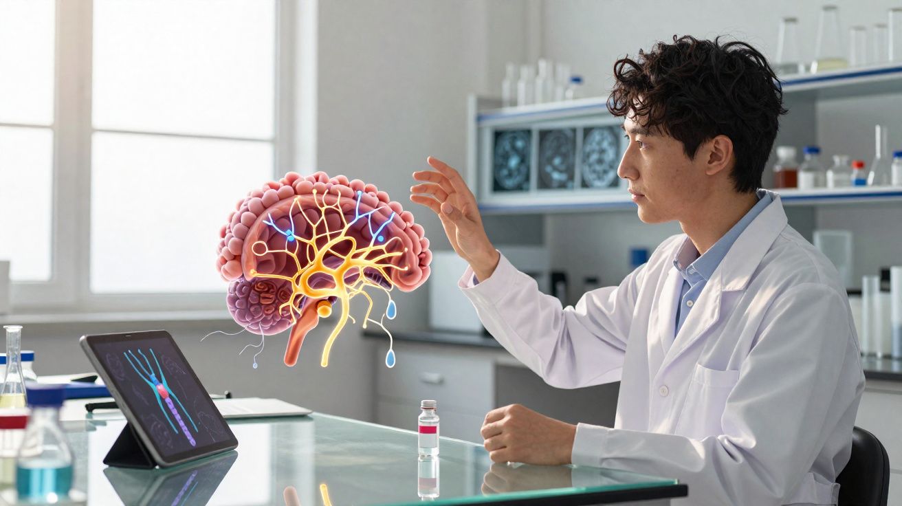 Cientista em laboratório a interagir com modelo holográfico colorido do cérebro humano.