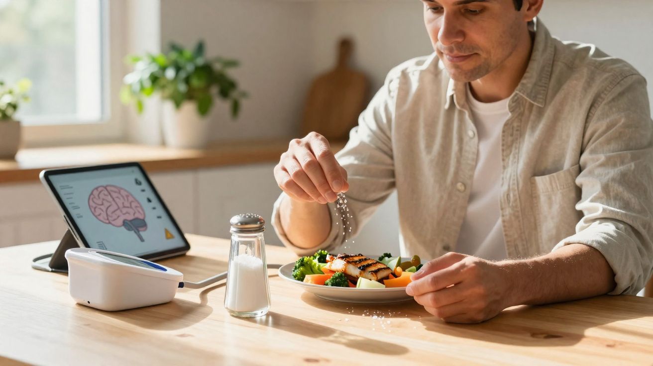 Homem tempera prato saudável com sal na cozinha, perto de tablet com imagem do cérebro.