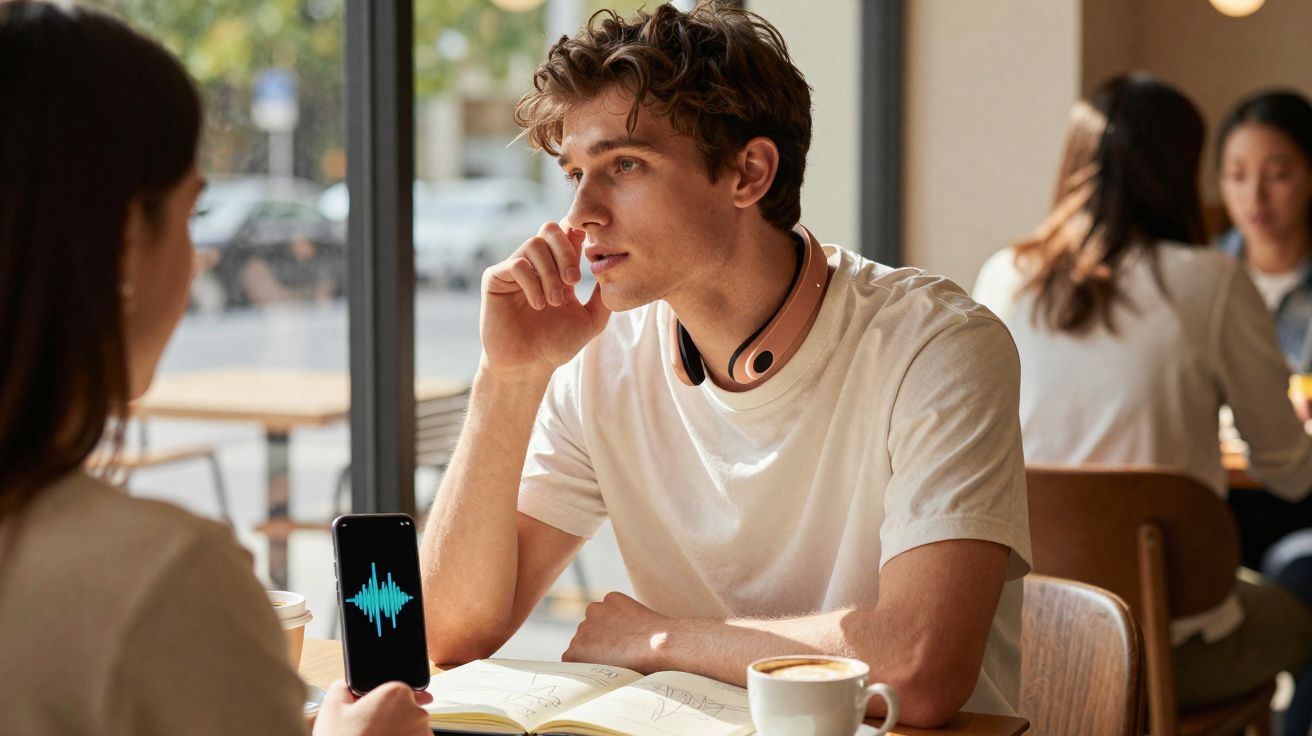 Jovem com auriculares no pescoço conversa com uma pessoa que segura um telemóvel numa cafetaria.
